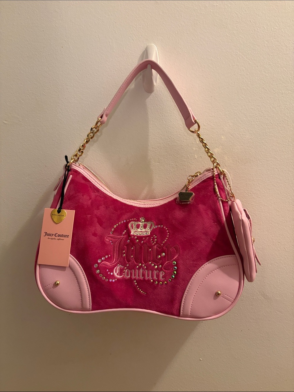 Juicy Couture Hot Pink Suede Logo Shoulder Bag with Light Pink Trim